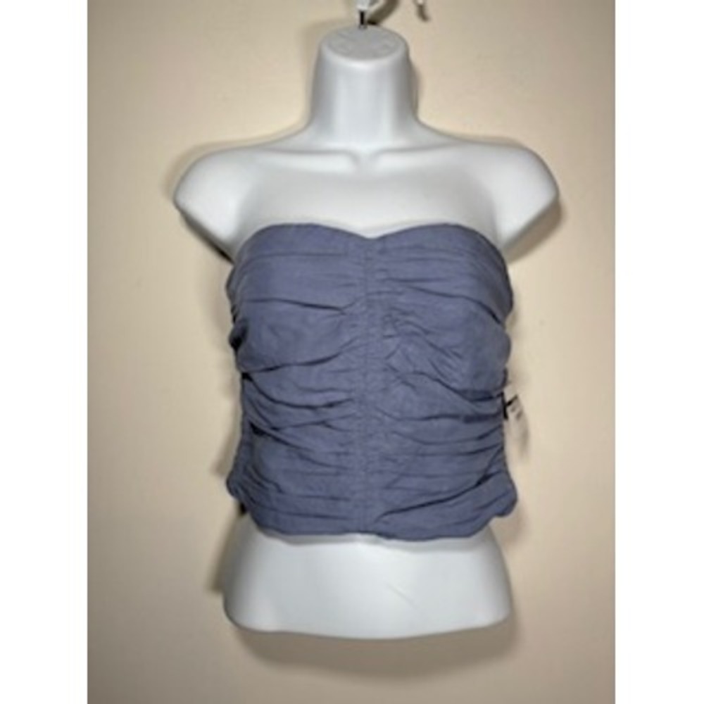 SOVERE‎ Nouvelle Bustier Ruched Strapless Top Small Blue Linen Blend Smocked NEW
